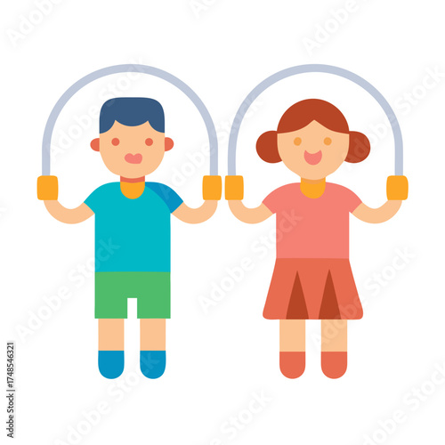 Kids jumping rope flat icon on black background image