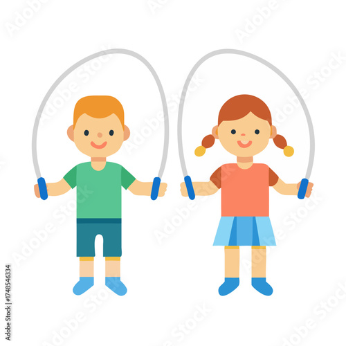 Children skipping rope with flat design on black background