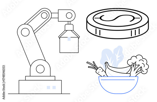 Robotic arm handling operations, a coin representing digital payment, and a bowl of fresh vegetables. Ideal for automation, finance, agriculture, sustainability, innovation, smart technology simple