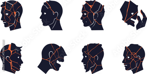 Abstract shattered head profiles representing mental breakdown and identity crisis