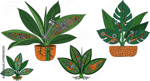 Mechanical parts integrated into plants creating a fusion of nature and machine