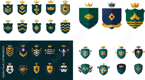 Collection of heraldic shields with crowns in various designs on a dark background