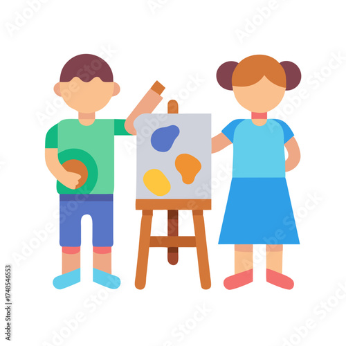 Children painting colorful abstract artwork on canvas easel together