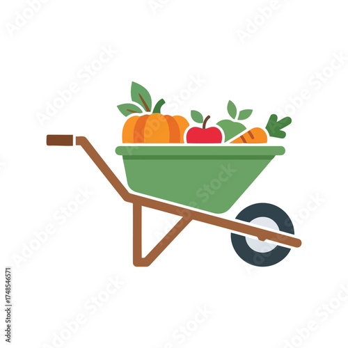 Autumn harvest wheelbarrow filled with pumpkins apples and leaves vector