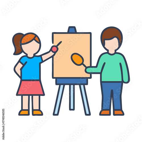 Two students painting on easel in a colorful style