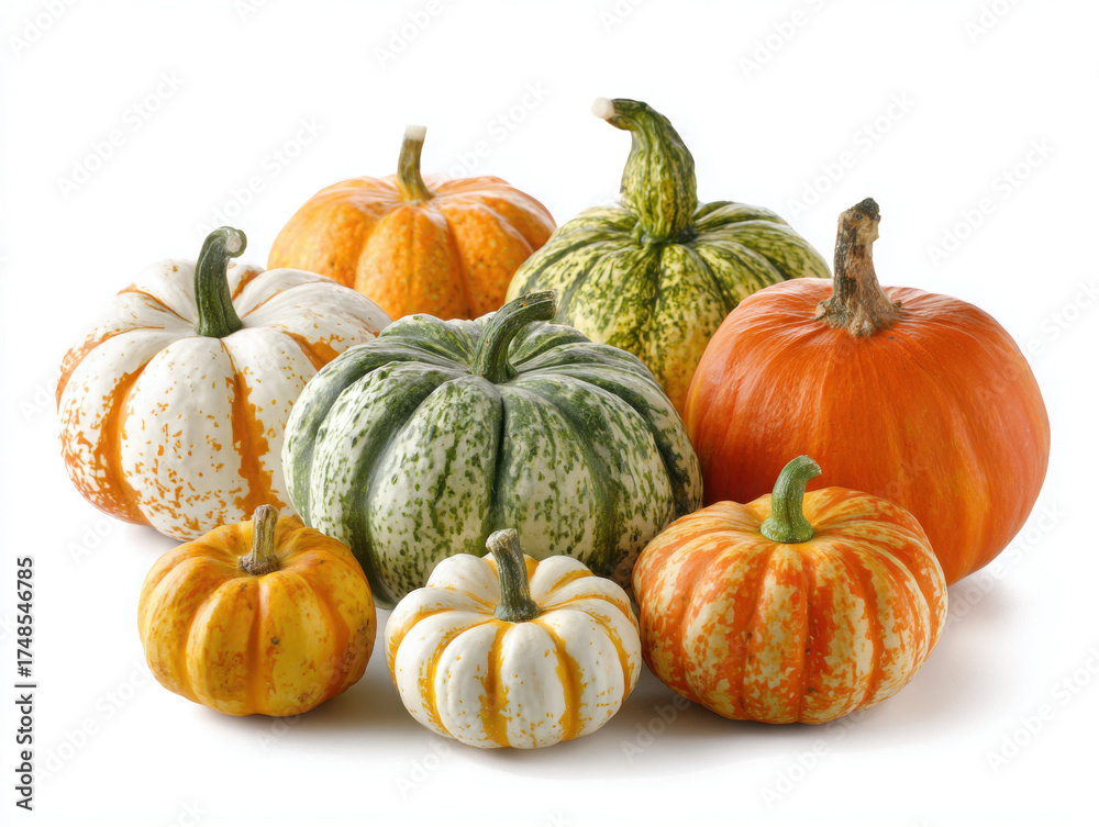 Fototapeta premium Group of colorful ornamental pumpkins gourds and squashes perfect for autumn harvest festivals and Thanksgiving decorations isolated on white