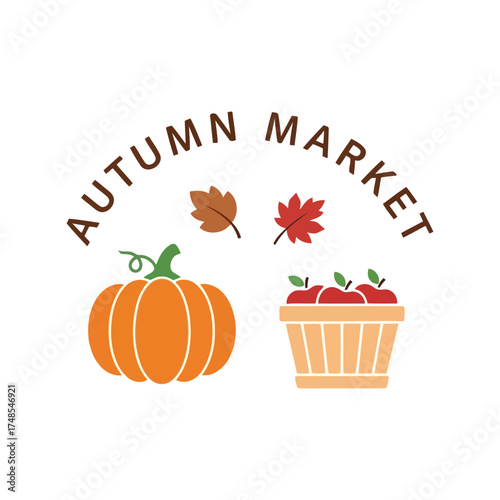 Autumn harvest market pumpkin apples fall leaves seasonal sale promotion event vector