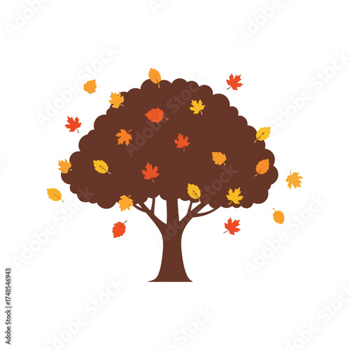 Autumn tree with falling leaves seasonal nature graphic illustration isolated vector