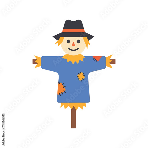 Cute cartoon scarecrow character with hat for autumn harvest and halloween farm scenes vector
