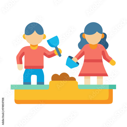 Children play together in sandbox, flat vector illustration