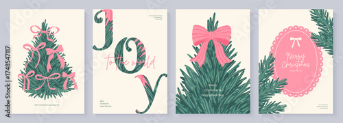 Set of vertical Christmas cards with festive trees decorated with pink bows and stylish design elements. Collection of trendy templates for holiday design. Vector illustration.
