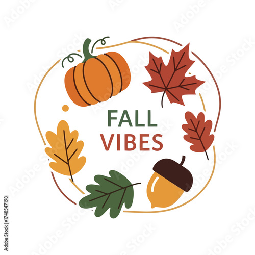 Whimsical fall vibes circle with pumpkin autumn leaves acorn thanksgiving decor vector