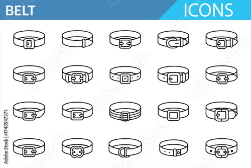 Collection of Belt Icons Featuring Various Buckles and Styles in Vector Design
