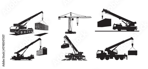 Mobile Crane Truck Silhouette Set – Heavy Lifting Vector Clip art for Construction Designs.