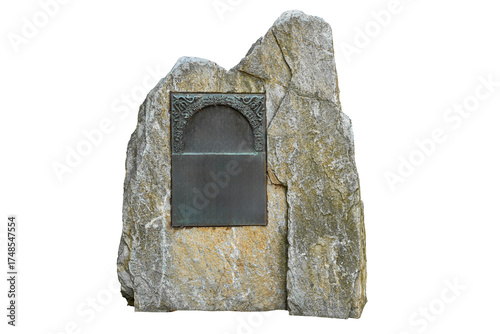 Large granite marble stone for natural landscape with plaque for memorial inscription close-up isolated on white background