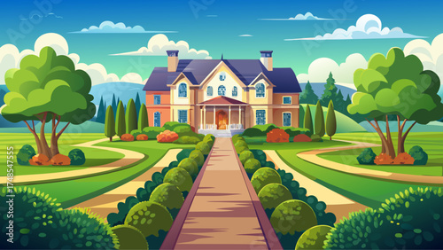 Very beautiful long driveway leading to a large house on a green grassy field, vector-style landscape emphasizing space, luxury, and peaceful rural elegance.