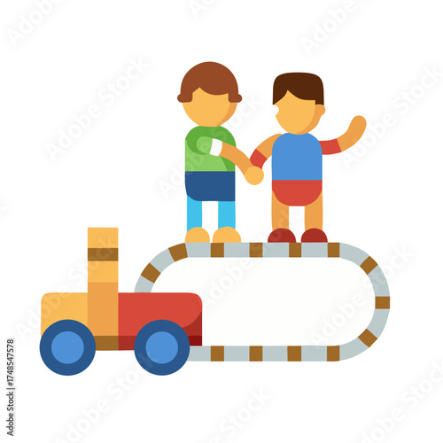 Stylized image of two friends on toy train platform
