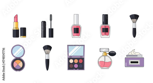 Collection of colorful makeup products including lipstick mascara nail polish brushes eyeshadow perfume and cream.
