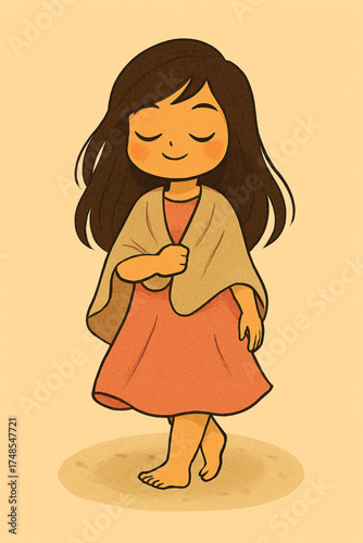 Woman walking barefoot on soft carpet smiling peacefully