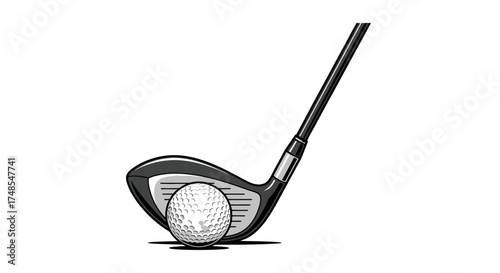 Black and white illustration of a golf club poised to strike a golf ball.