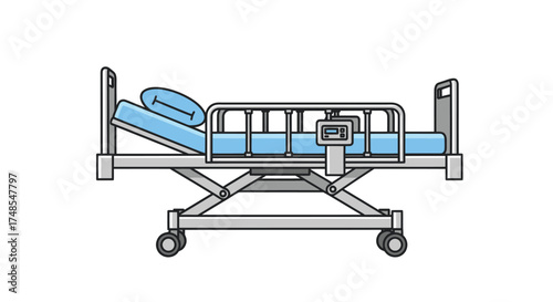 Adjustable Hospital Bed with Wheels and Blue Mattress.