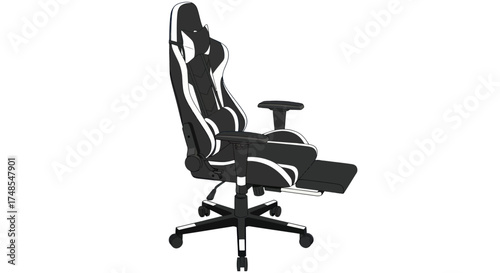 Ergonomic Black and White Gaming Chair with Adjustable Footrest.
