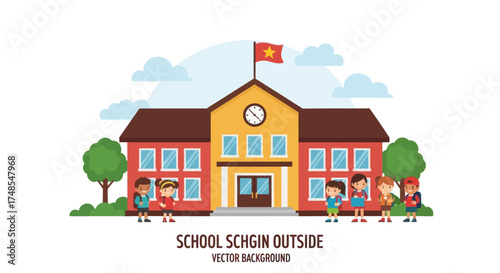 Vibrant School Building with Children Playing Outside and Flag.