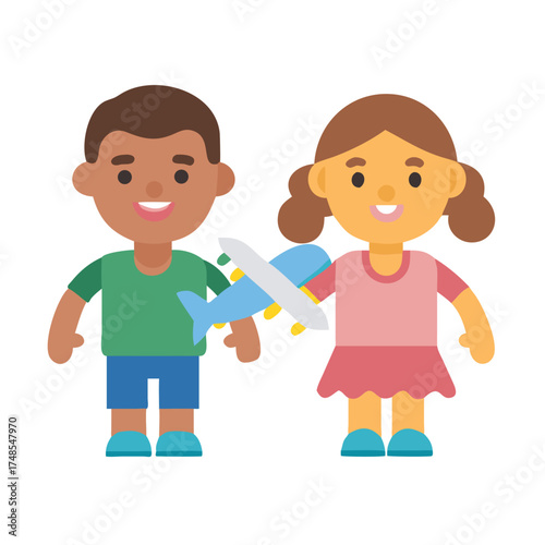 Cartoon children happily playing with a toy airplane together