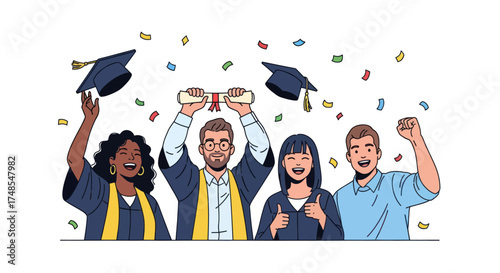 Group of Diverse Graduates Celebrating with Diplomas and Caps.
