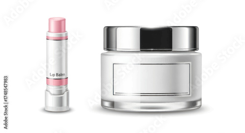 Elegant Cosmetic Product Packaging Mockup Set with Cream Jar and Lip Balm Stick.