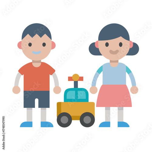 Cartoon Children with Toy Car in Flat Vector Style