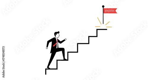 Businessman Climbing Stairs Towards Goal Flag.