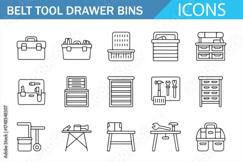 Set of Tool Organization Icons in Flat Vector Style for Workshop Design