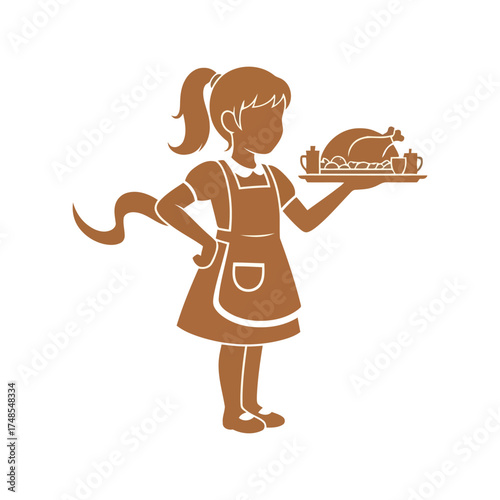 Young chef girl holding roasted turkey thanksgiving holiday meal celebration ready to serve vector