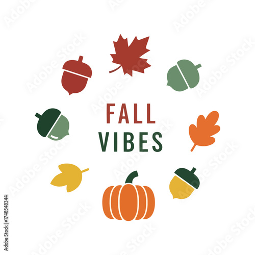 Fall vibes autumn leaves acorns pumpkin seasonal graphic design elements vector