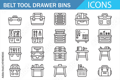 Flat Design Icons of Belt Tool Drawer Bins for Storage and Organization