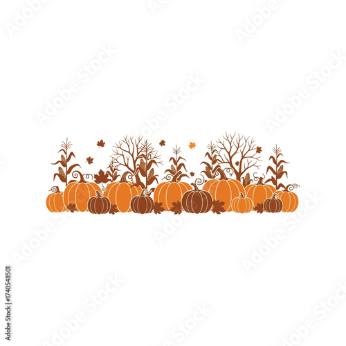 Autumn harvest pumpkins and fall foliage border decorative element vector