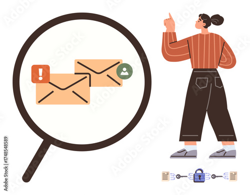Magnifying glass highlights emails with alerts and a user icon, woman pointing thoughtfully, chain with lock. Ideal for cybersecurity, data analysis, email issues, online safety, privacy, technology