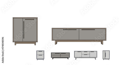 Modern Gray Cabinet and Entertainment Center Furniture Set.