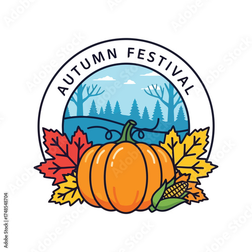 Autumn festival pumpkin corn leaves nature landscape emblem design vector