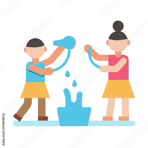 Two people participating in water festival flat vector illustration