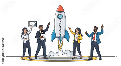 Business Team Launching Rocket with Innovate Text Pointing Upwards.