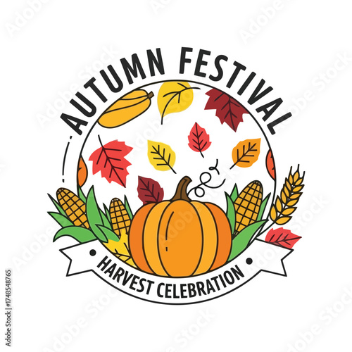 Autumn harvest festival celebration pumpkin corn fall leaves seasonal event round emblem vector