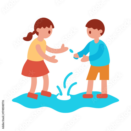 Children playing in a puddle of water illustration
