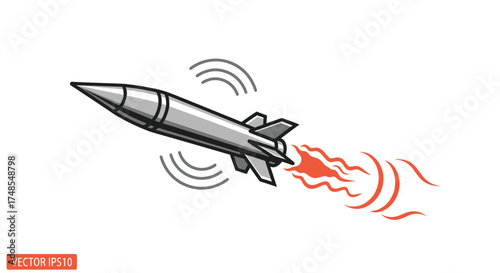 Sleek silver missile with fins and fiery exhaust trail in flight.