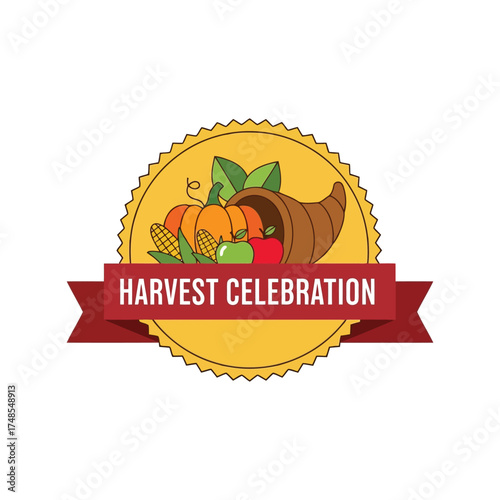 Autumn harvest cornucopia pumpkin emblem festive celebration symbol thanksgiving seasonal vector