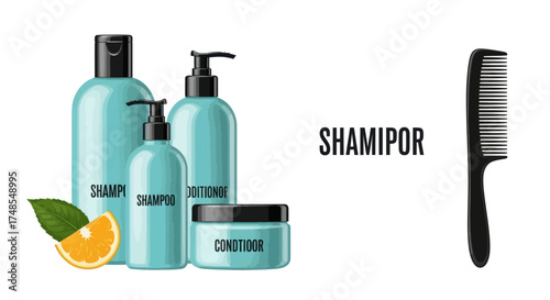 Light Blue Shampoo and Conditioner Bottles with Orange and Black Comb.
