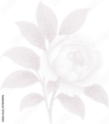 Shy Peony Flower Behind Leaves Halftone Graphic. Delicate and Romantic Art for Wedding and Beauty Designs.