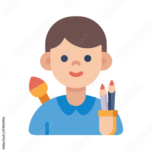 Flat illustration of a smiling artist with art supplies