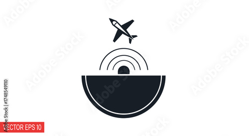 Stylized Aircraft Flying Over Radar Signal Detection Icon.